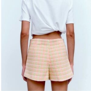 ZARA Tweed Micro Mini Pink Green Skort Size L NEW